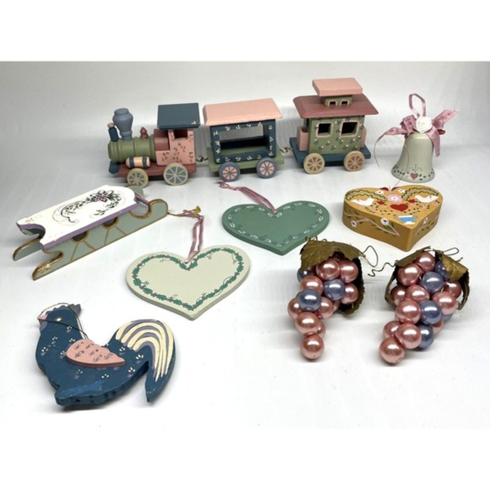 Wooden Country Christmas Ornaments‎ LOT Kurt Adler 1980s Train Rooster Vintage